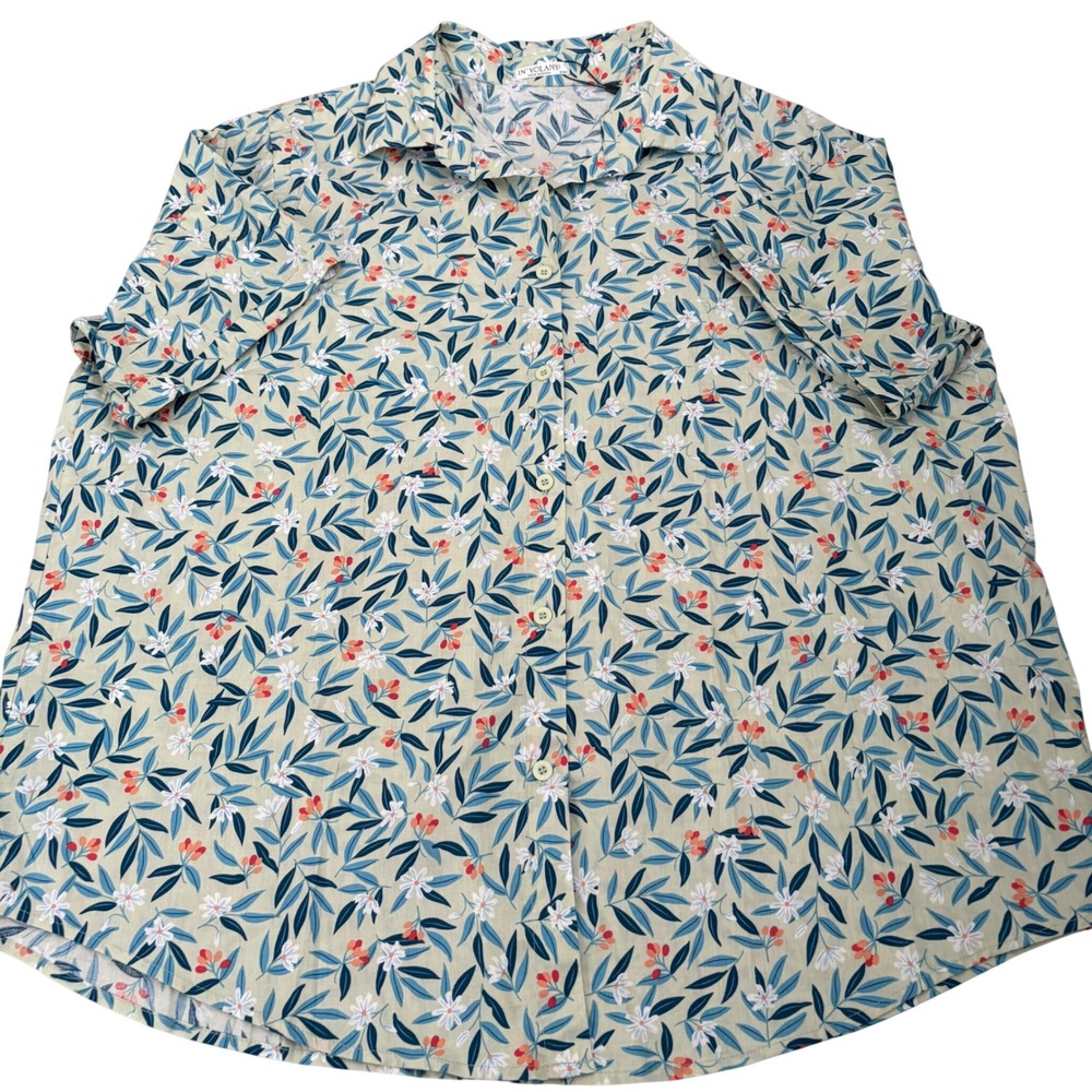In'Voland Womens 20W Cotton Floral Button Down Shirt Short Sleeve Green NWT
